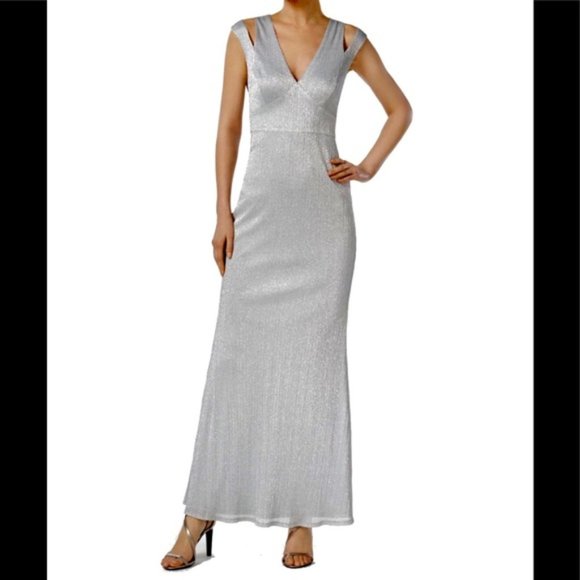 Calvin Klein Dresses & Skirts - Calvin Klein Silver Womens Shimmer -Neck Cold-Shoulder Gown Size 14